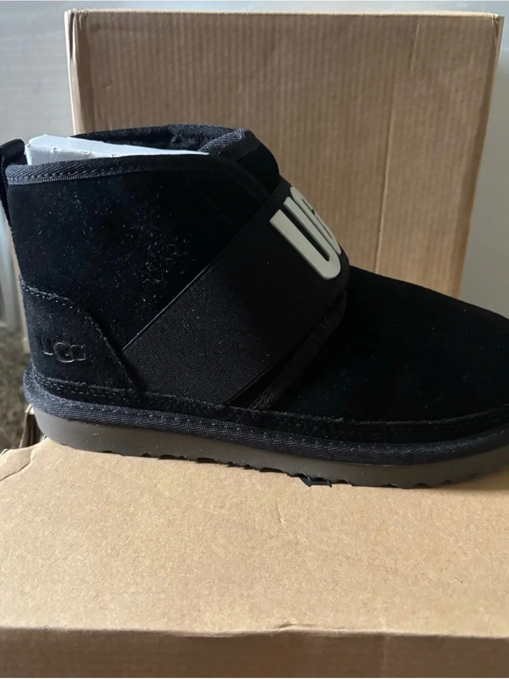 UGG Kids Black Suede Slip-On Boot with Logo Strap